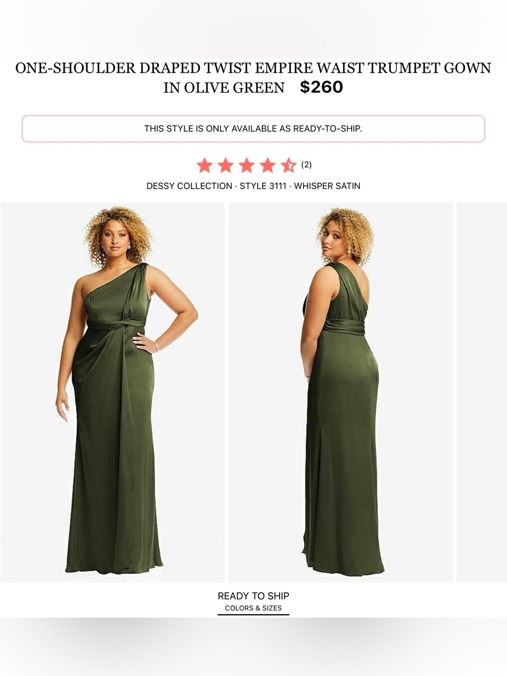Dessy Collection Olive Green One-Shoulder Draped Trumpet Gown